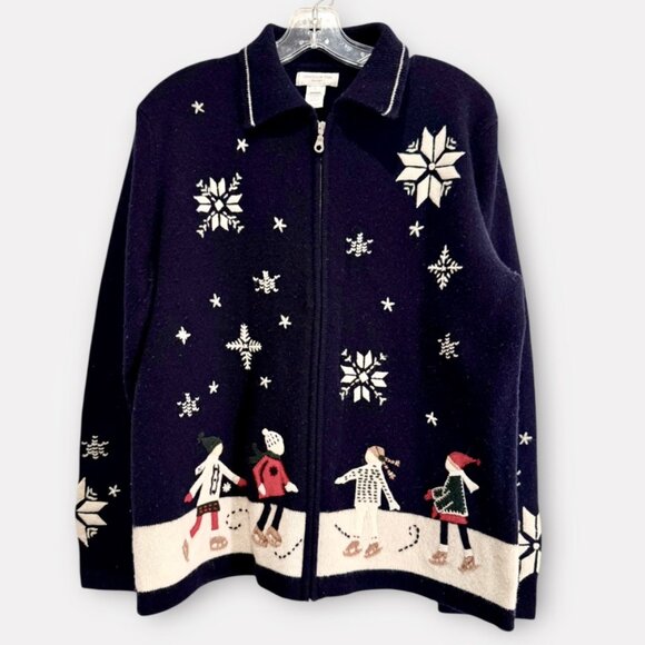 Vintage 90s Jones New York Sport Lambswool Ice Skating Cardigan Sweater Sz L - Picture 1 of 7